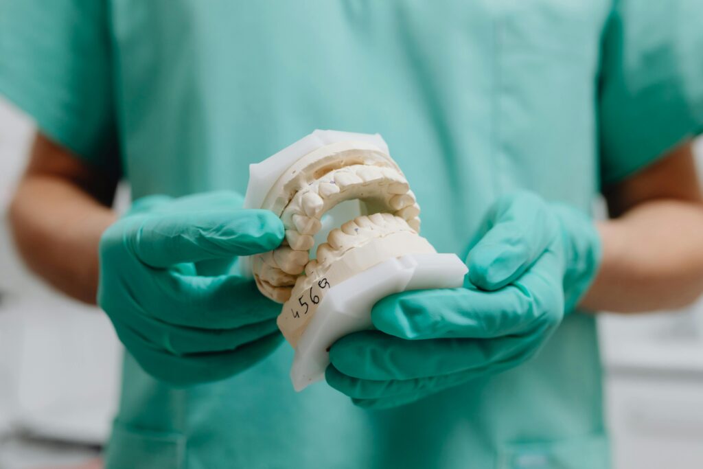 Orthodontist holding a dental mold showing a misaligned jaw during an orthodontic exam.