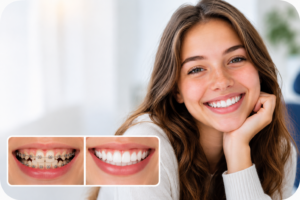 Teen smiling after braces removal with a before-and-after inset showing crooked teeth corrected into a straight, healthy smile.