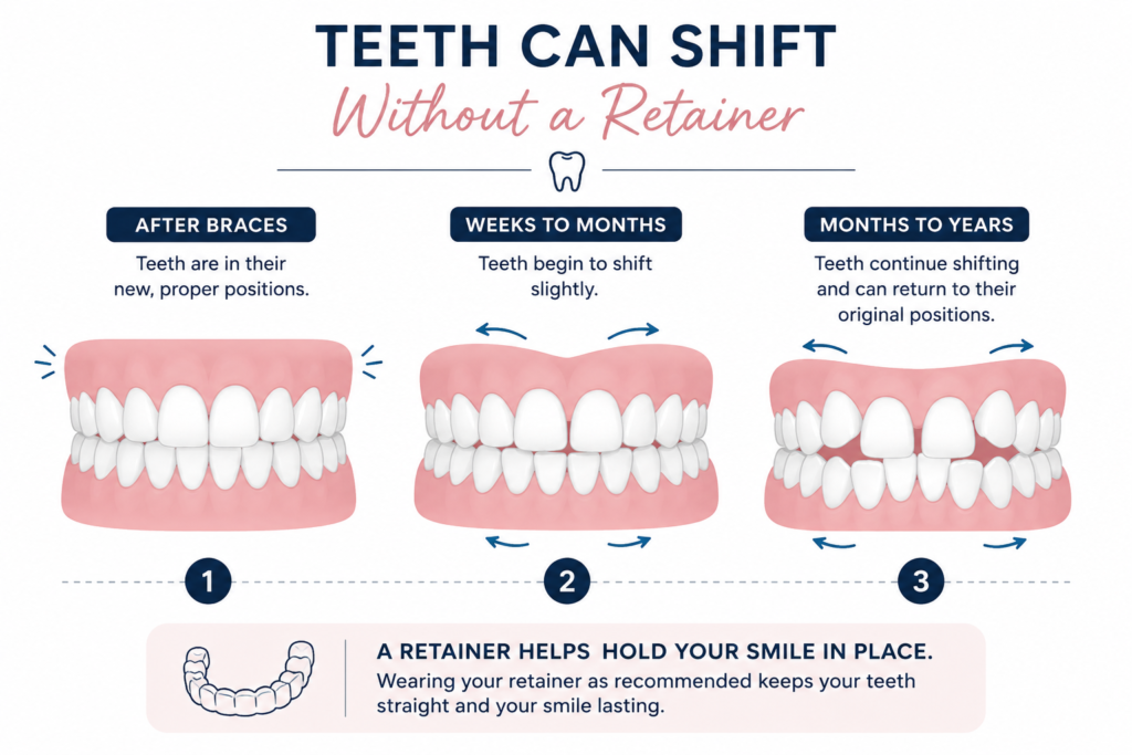 Diagram showing how teeth can gradually shift after braces if a retainer is not worn, progressing from straight alignment to noticeable crowding over time.