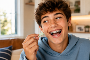 Teenage boy with braces smiling and holding a piece of sugar-free gum near his mouth with a playful expression, illustrating the question of whether you can chew gum with braces.