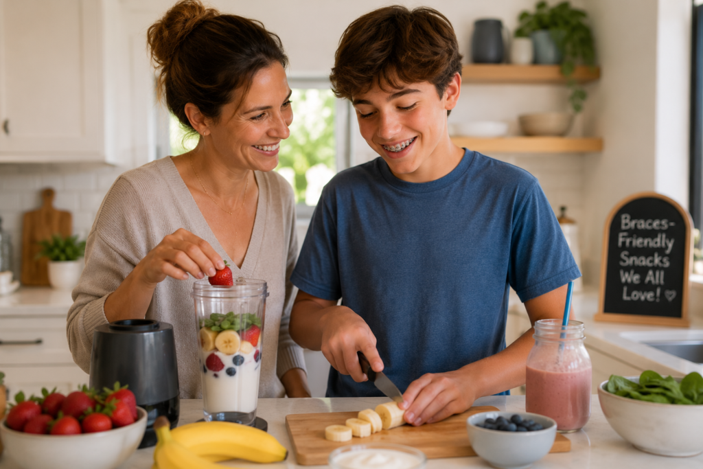 Parent and child with braces preparing a fruit smoothie together in a bright kitchen using braces-friendly ingredients like bananas, yogurt, and berries.