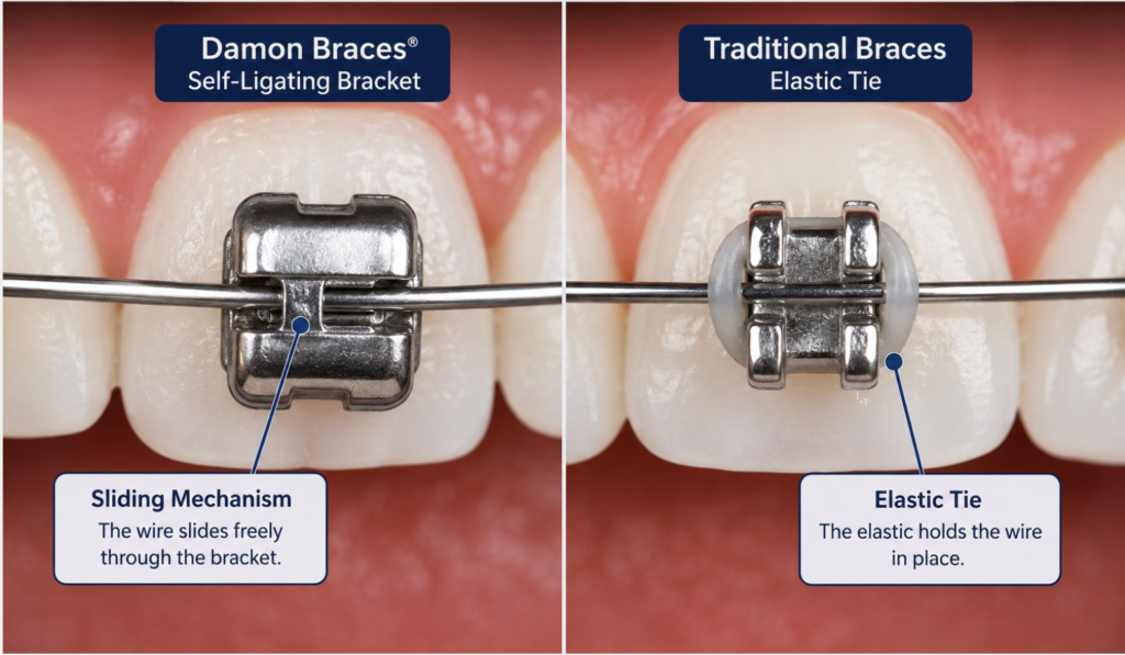 Close-up comparison of Damon Braces self-ligating brackets and traditional braces, highlighting the Damon sliding mechanism versus elastic ties that hold the archwire in place.