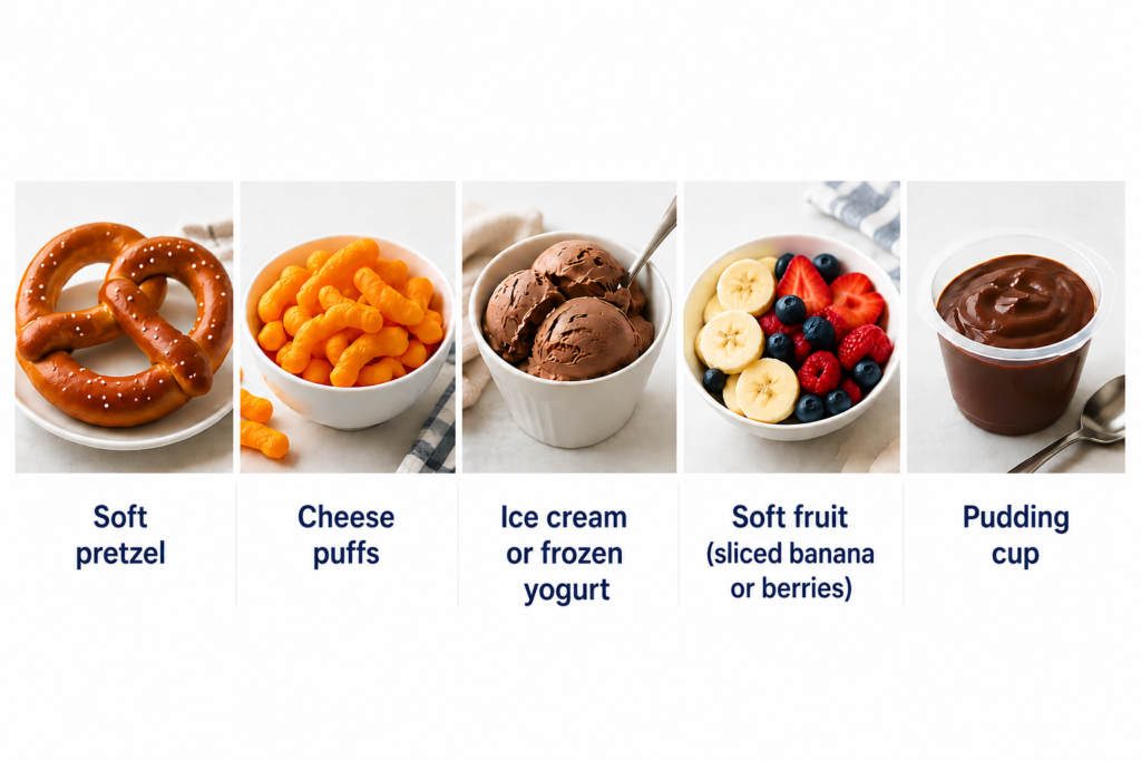 Braces-friendly snack ideas including a soft pretzel, cheese puffs, ice cream, soft fruit, and pudding cup arranged in a clean visual guide for people wearing braces.

