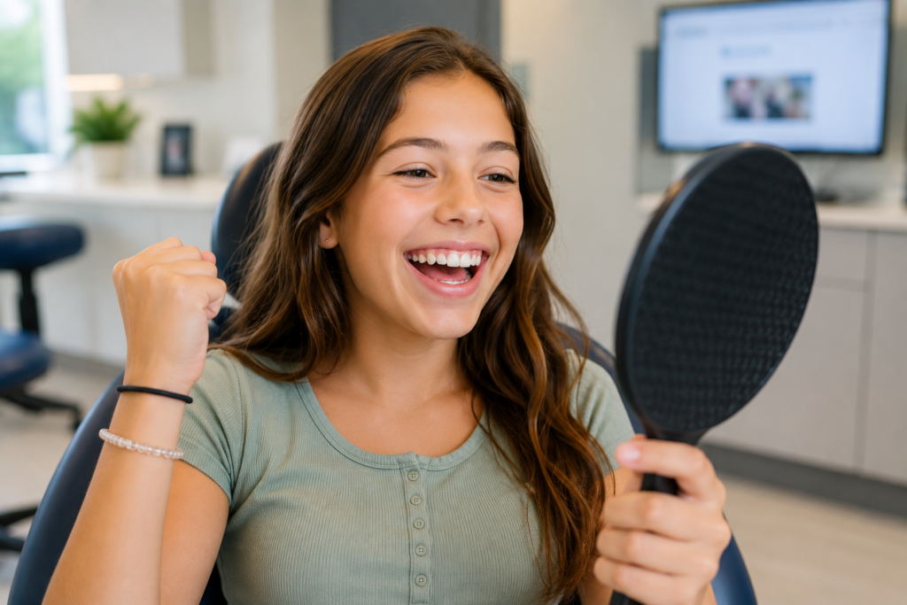 Happy tween celebrating braces removal while smiling at a handheld mirror in an orthodontic office, revealing a straight, healthy smile after treatment.