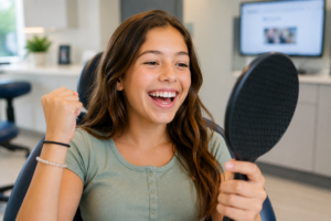Happy tween celebrating braces removal while smiling at a handheld mirror in an orthodontic office, revealing a straight, healthy smile after treatment.