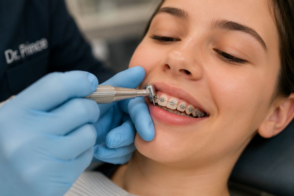 Provider removing braces brackets from a patient's upper teeth during the braces removal appointment.