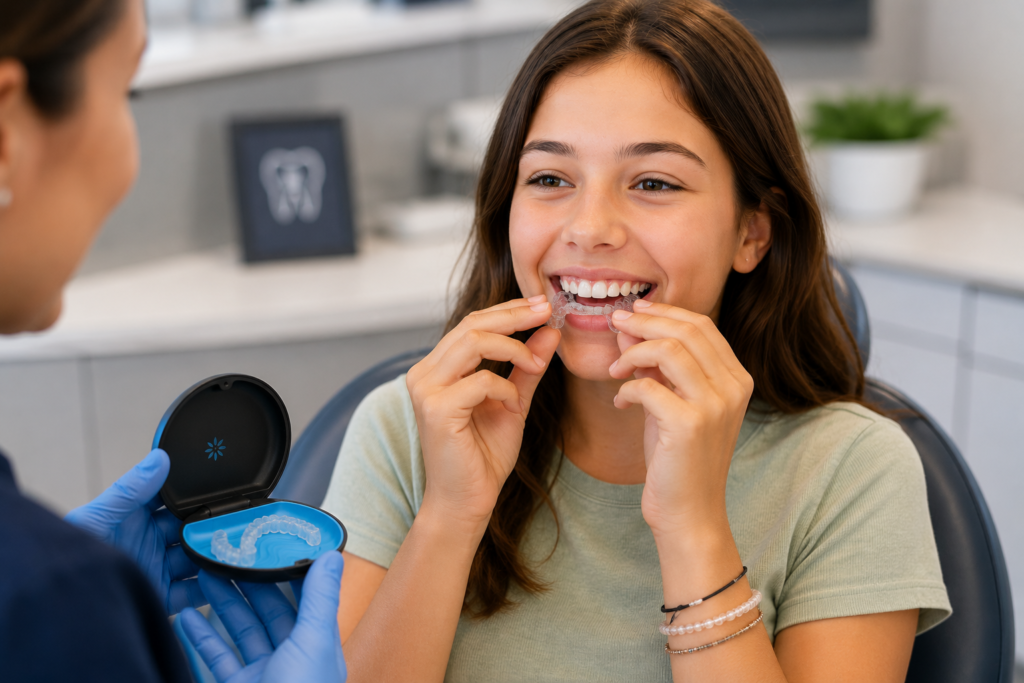 Teen patient trying on a custom clear retainer for the first time during a retainer fitting appointment after braces removal in an orthodontic office.
