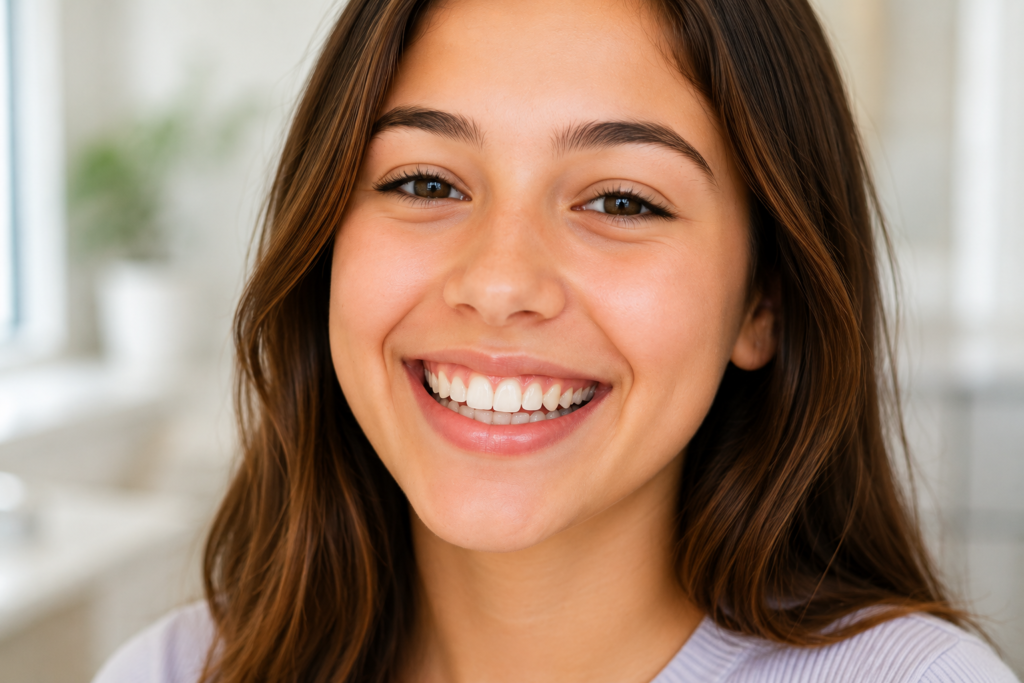Close-up of a patient smiling after braces removal, showing straight, polished teeth and a healthy smile following orthodontic treatment.