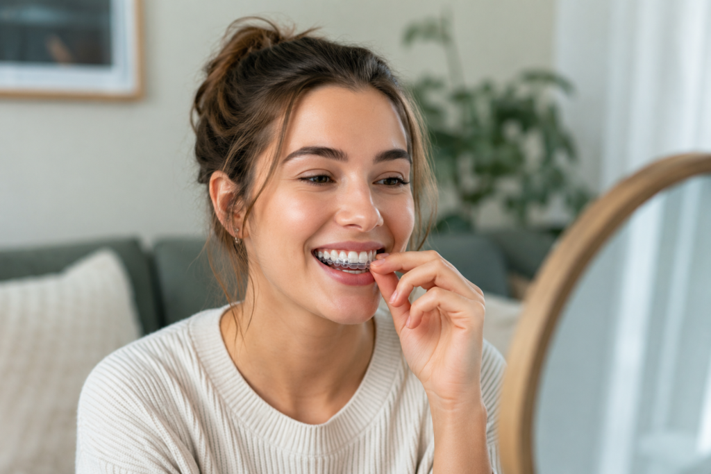 Adult wearing clear aligners as a discreet alternative to metal braces