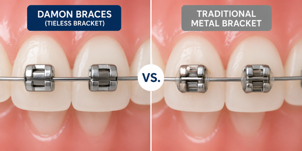 Damon Braces tieless bracket compared to a traditional metal bracket