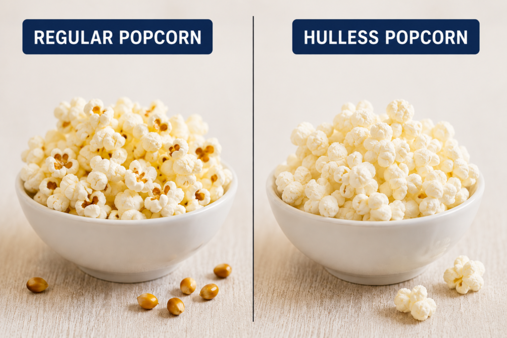 Side-by-side comparison of regular popcorn and hulless popcorn, showing the visual difference between traditional kernels and a hulless variety that may be a more braces-friendly option.
