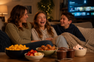 Family enjoying movie night together in a cozy living room with a smiling tween wearing braces and braces-friendly snacks like soft pretzels, cheese puffs, fruit, pudding, and frozen yogurt on the coffee table.