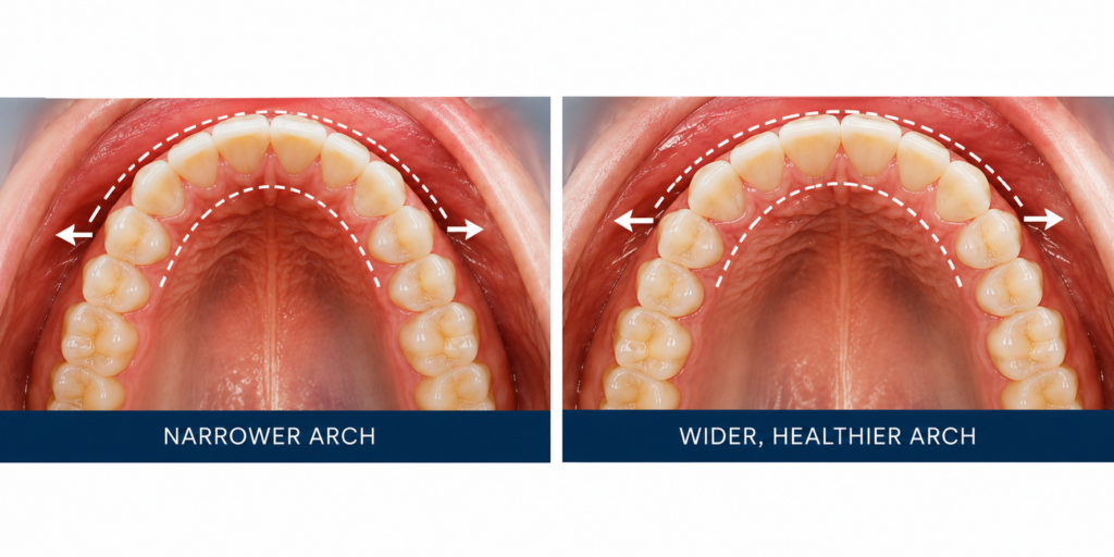 Before and after palate scans comparing a narrower dental arch to a wider, healthier arch after Damon Braces treatment