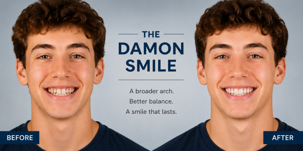 Alt Text: The Damon Smile is characterized by a fuller, broader arch that goes beyond simply straightening teeth.