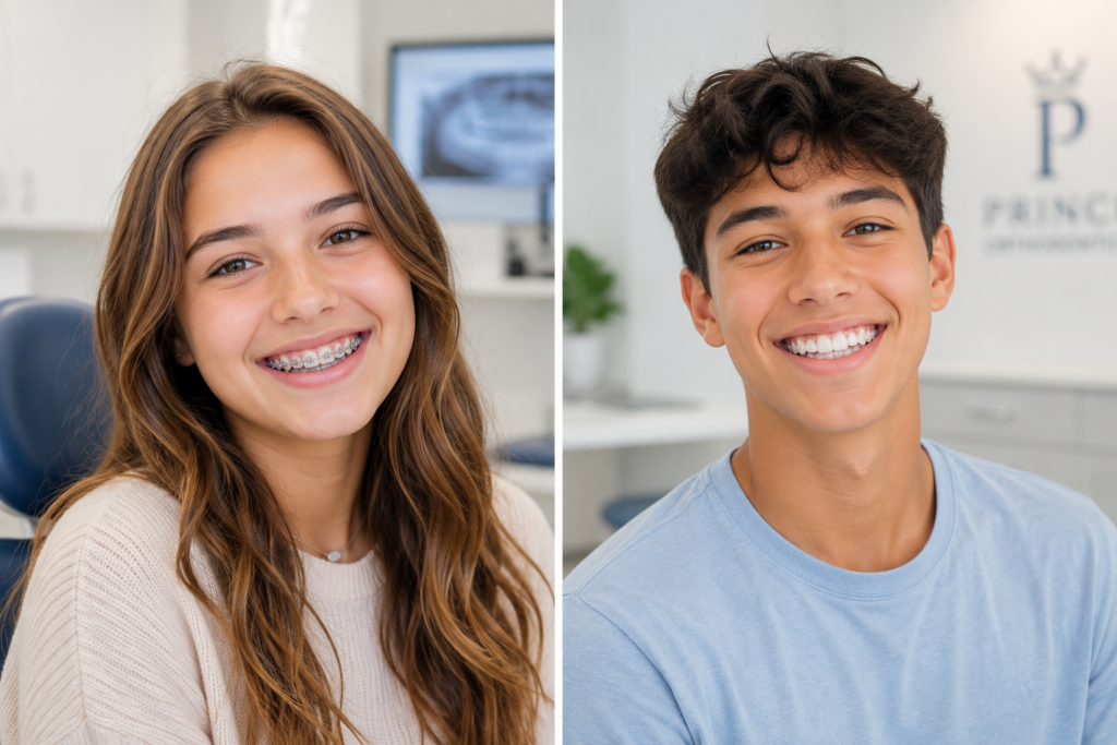 Patient with braces beside patient wearing clear aligners to compare treatment options for correcting bite problems.
