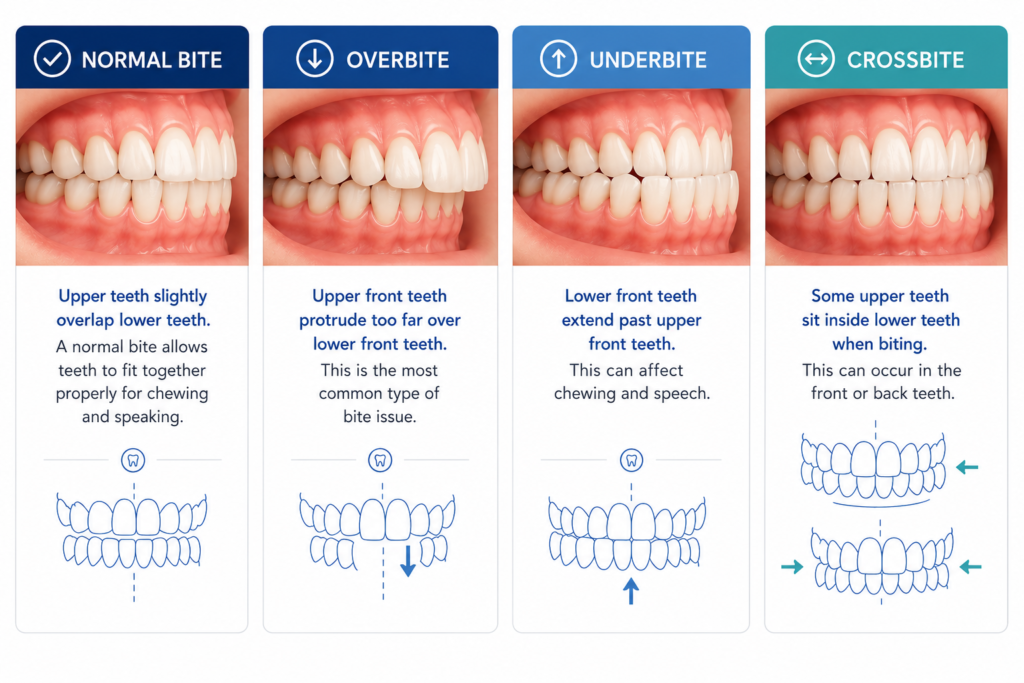 Comparison of normal bite, overbite, underbite, and crossbite with dental illustrations and brief explanations. 